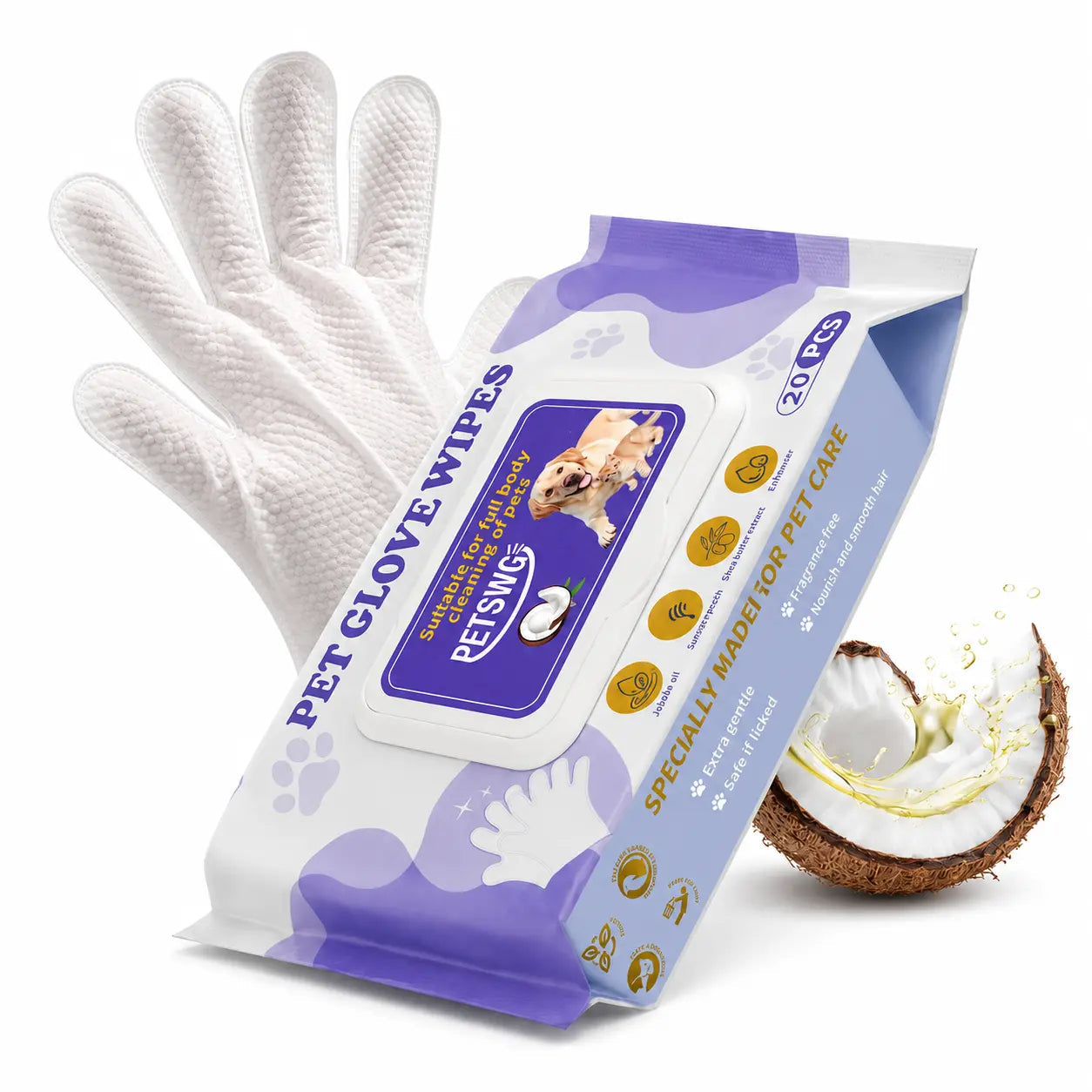 20-Pack Pet Cleaning Wipes Bathing Gloves – Coconut Oil, Hypoallergenic 🐾🧼