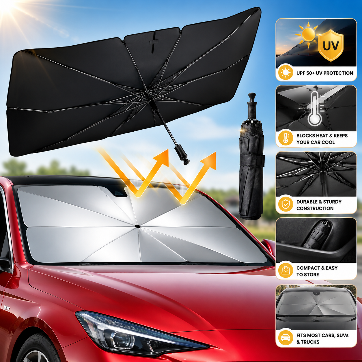 Foldable Car Windshield Sun Shade – Umbrella-Style, Instant Protection 🚗☀️