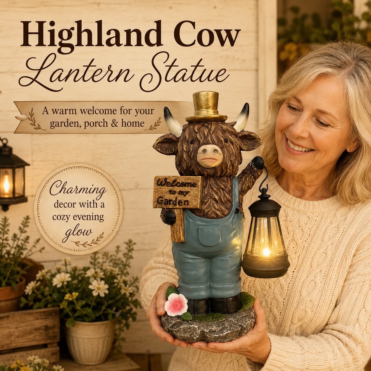 Highland Cow Garden Lantern Statue – Solar Glow, Farmhouse Charm, Welcome Sign 🐮🧡