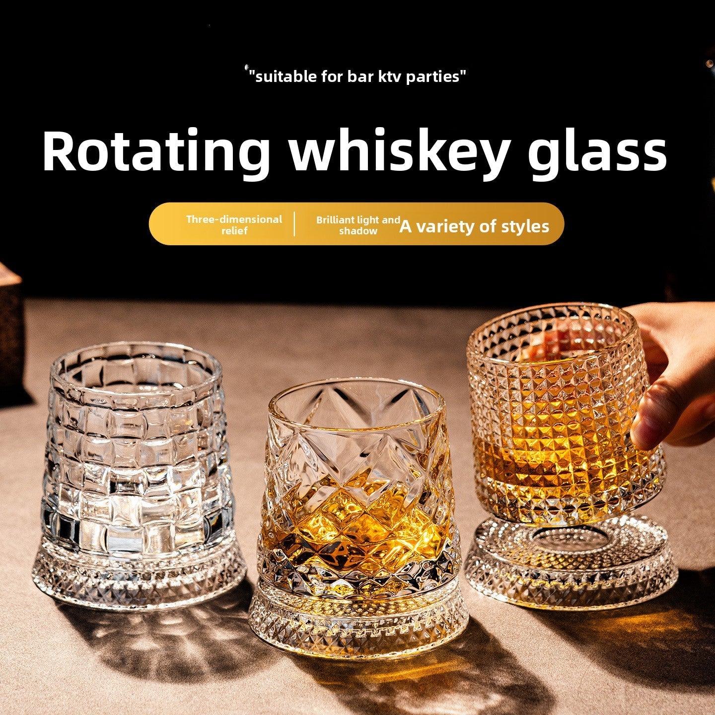 Rotating Whiskey Glass – 360° Spinner, Crystal Clear, 6 Patterns 🥃🌀