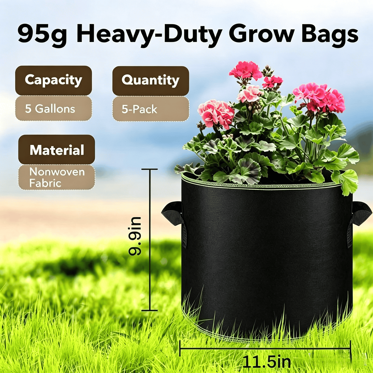 5-Pack 5 Gallon Grow Bags – Heavy-Duty Aeration Fabric Pots with Handles 🌱🪴