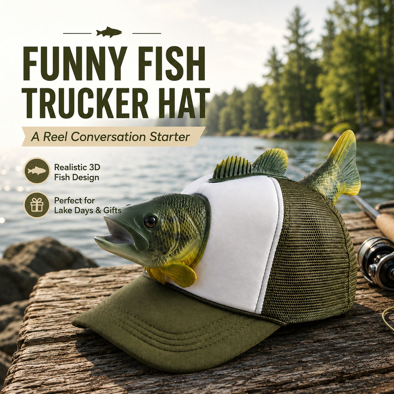 3D Fish Trucker Hat – Realistic Bass Head, Breathable Mesh, Funny Fishing Gift 🧢🐟