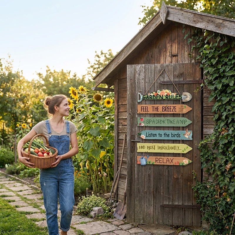 Rustic Wooden Garden Sign – Hand-Painted Botanical Art, Jute Rope Included 🌿🪵
