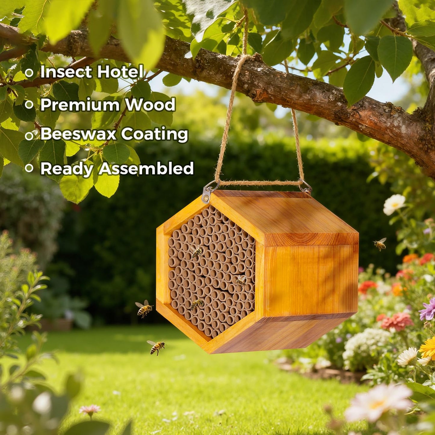Mason Bee House – Wax-Coated, Ready-to-Use, Attracts Peaceful Pollinators for a Thriving Garden 🐝🌼🏡
