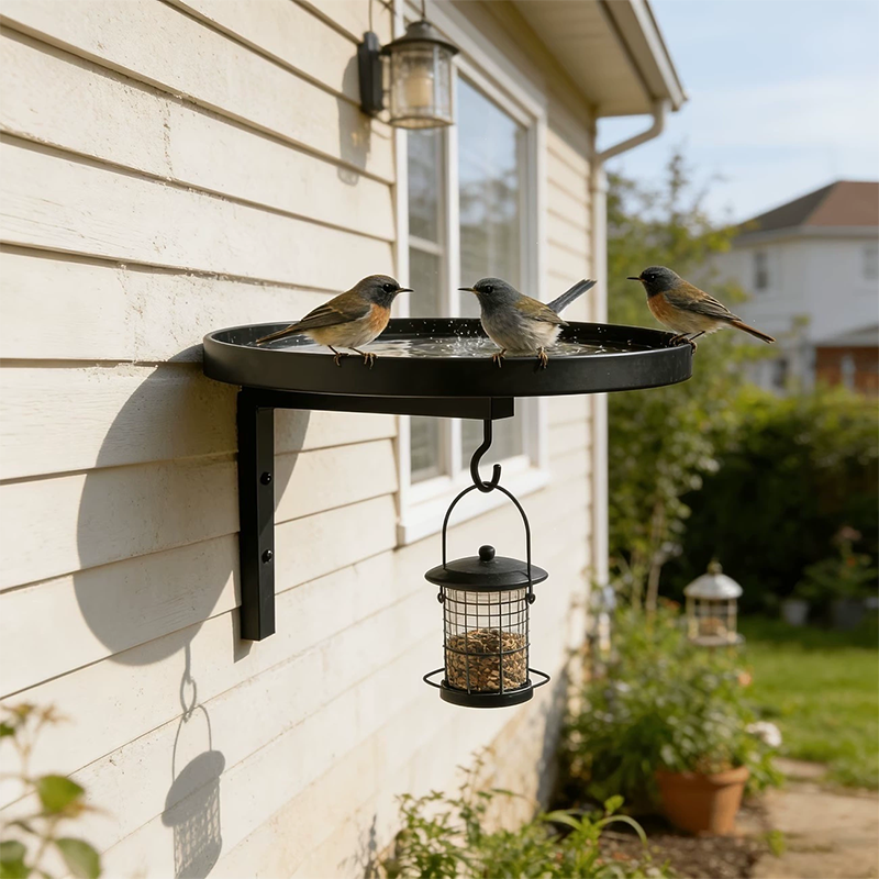 Wall-Mounted Metal Bird Bath – Antique Black, Dual-Function with Hook 🐦🛁