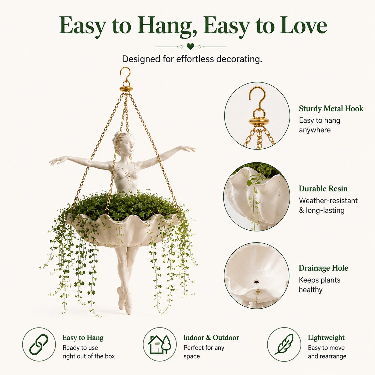 Ballet Dancer Hanging Planter – Resin Sculpture with Golden Chains 🩰🌿