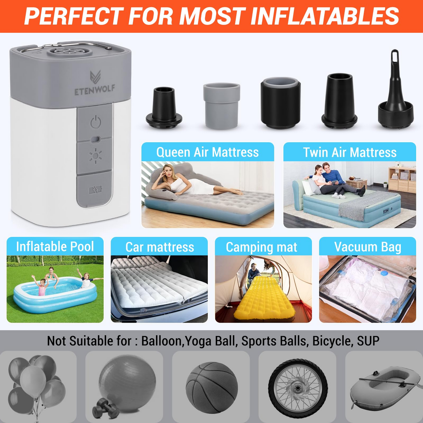 AIR 3 & AIR 5 PRO MAX – Mini & Pro Cordless Air Pump, Camping Light, Power Bank Function, 5 Nozzles🔋
