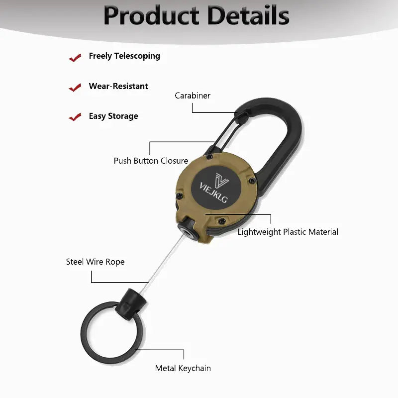 3-in-1 Retractable Pull Reel Keychain – Carabiner, Steel Wire Rope, Compact EDC Tool 🔑🪢