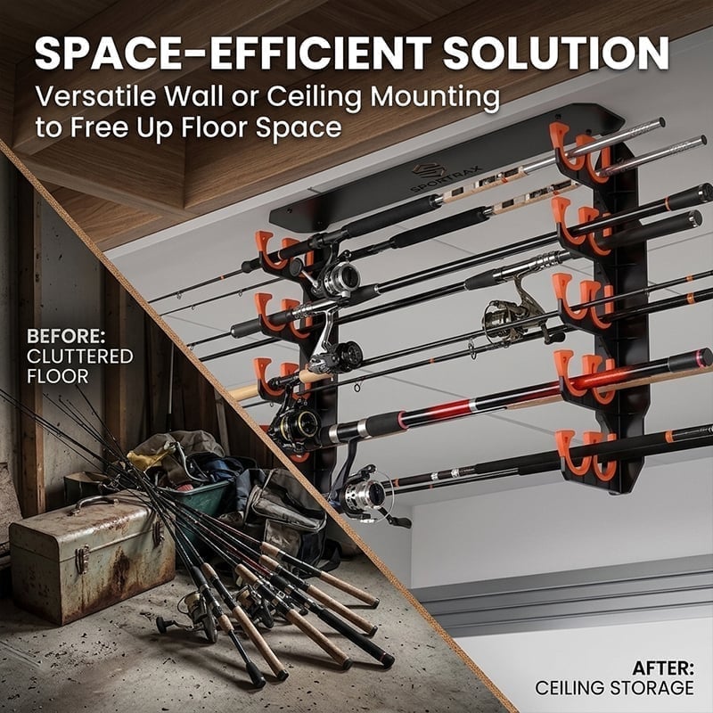 Fishing Rod Garage Storage Rack – Holds 10 Rods, Wall/Ceiling Mount, Soft Silicone Pads 🎣🧰