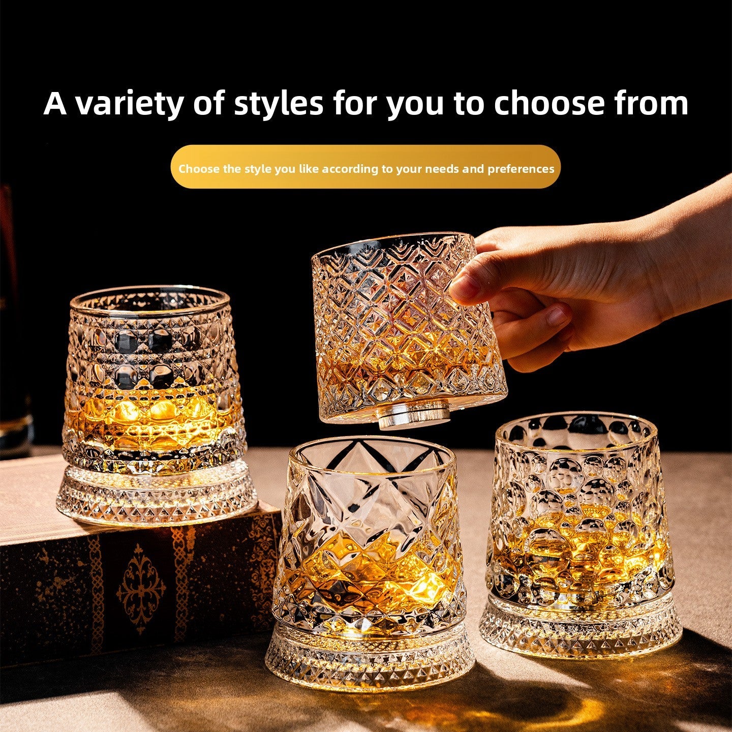 Rotating Whiskey Glass – 360° Spinner, Crystal Clear, 6 Patterns 🥃🌀