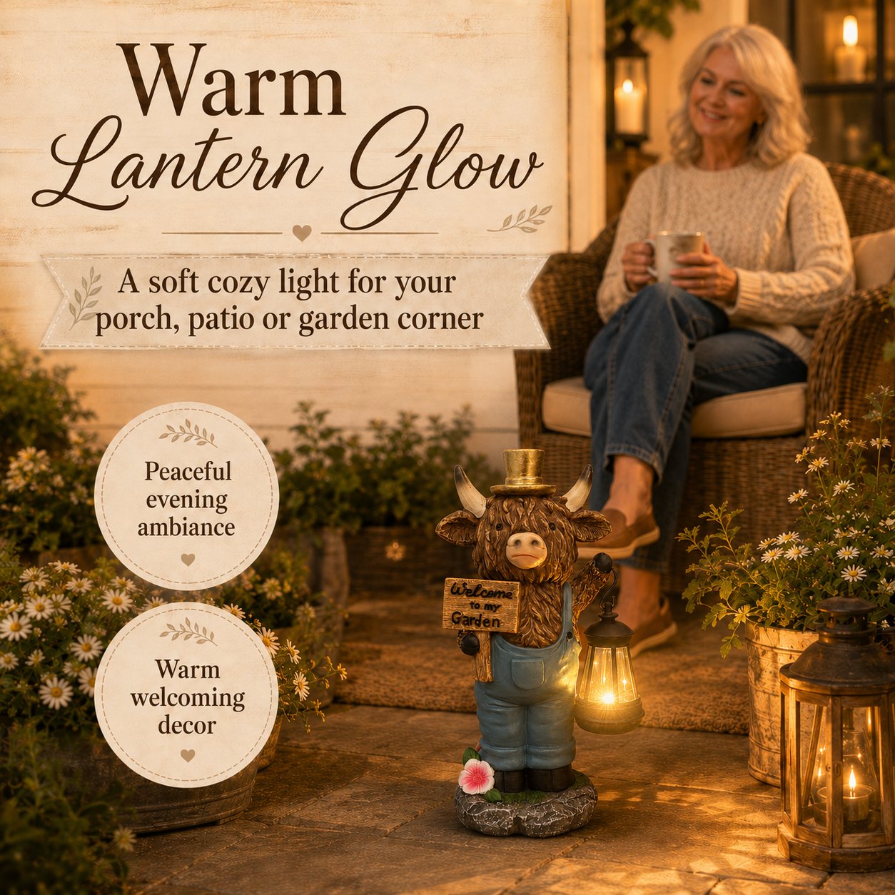 Highland Cow Garden Lantern Statue – Solar Glow, Farmhouse Charm, Welcome Sign 🐮🧡