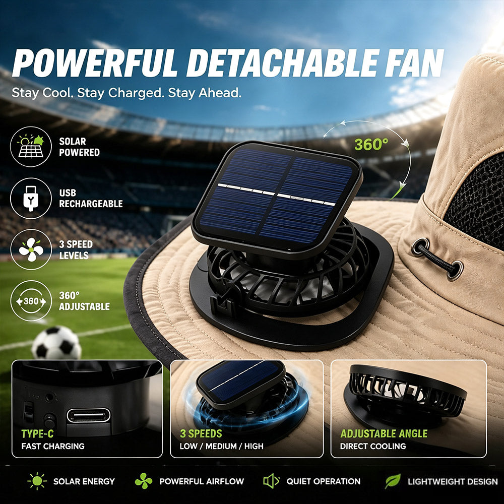 Solar Fan Hat – Wide Brim, Dual Power, Adjustable Speed, UPF Protection ☀️🧢