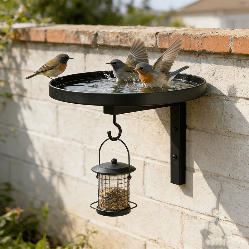Wall-Mounted Metal Bird Bath – Antique Black, Dual-Function with Hook 🐦🛁
