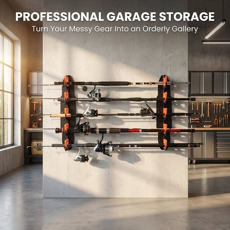 Fishing Rod Garage Storage Rack – Holds 10 Rods, Wall/Ceiling Mount, Soft Silicone Pads 🎣🧰