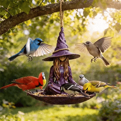 Meditating Witch Bird Feeder – Hand-Painted Resin, Jute Rope, Garden Art 🧙🐦