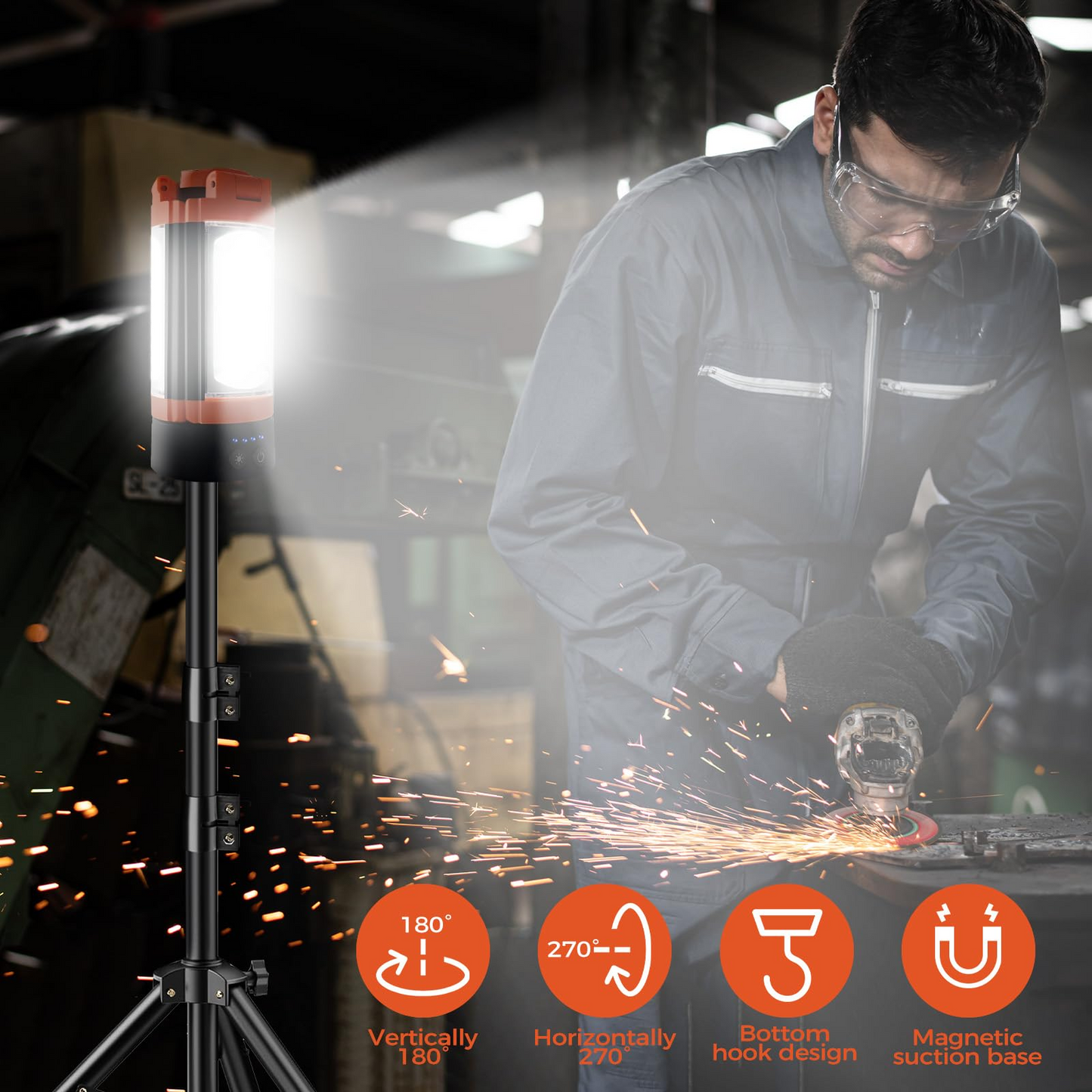 10000&12000mAh Rechargeable LED Work Light with Tripod Stand – 3 Adjustable Lamp Heads, Power Bank Function 💡🔋