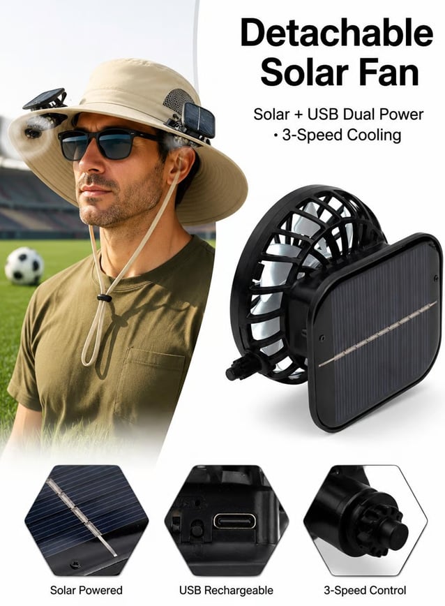 Solar Fan Hat – Wide Brim, Dual Power, Adjustable Speed, UPF Protection ☀️🧢