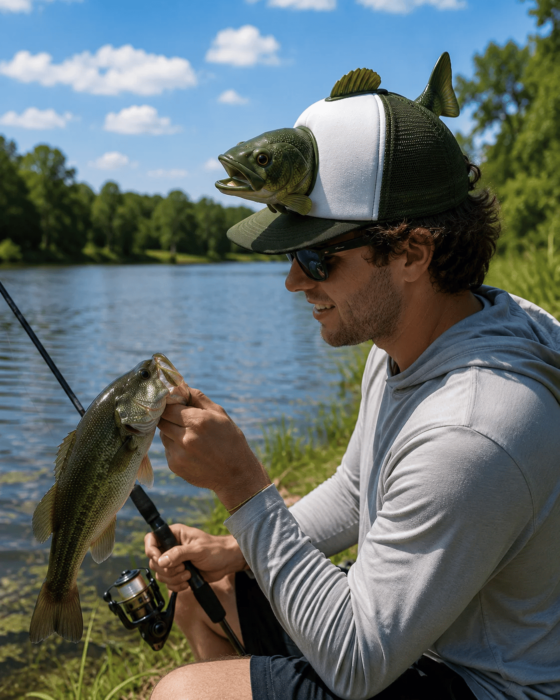 3D Fish Trucker Hat – Realistic Bass Head, Breathable Mesh, Funny Fishing Gift 🧢🐟
