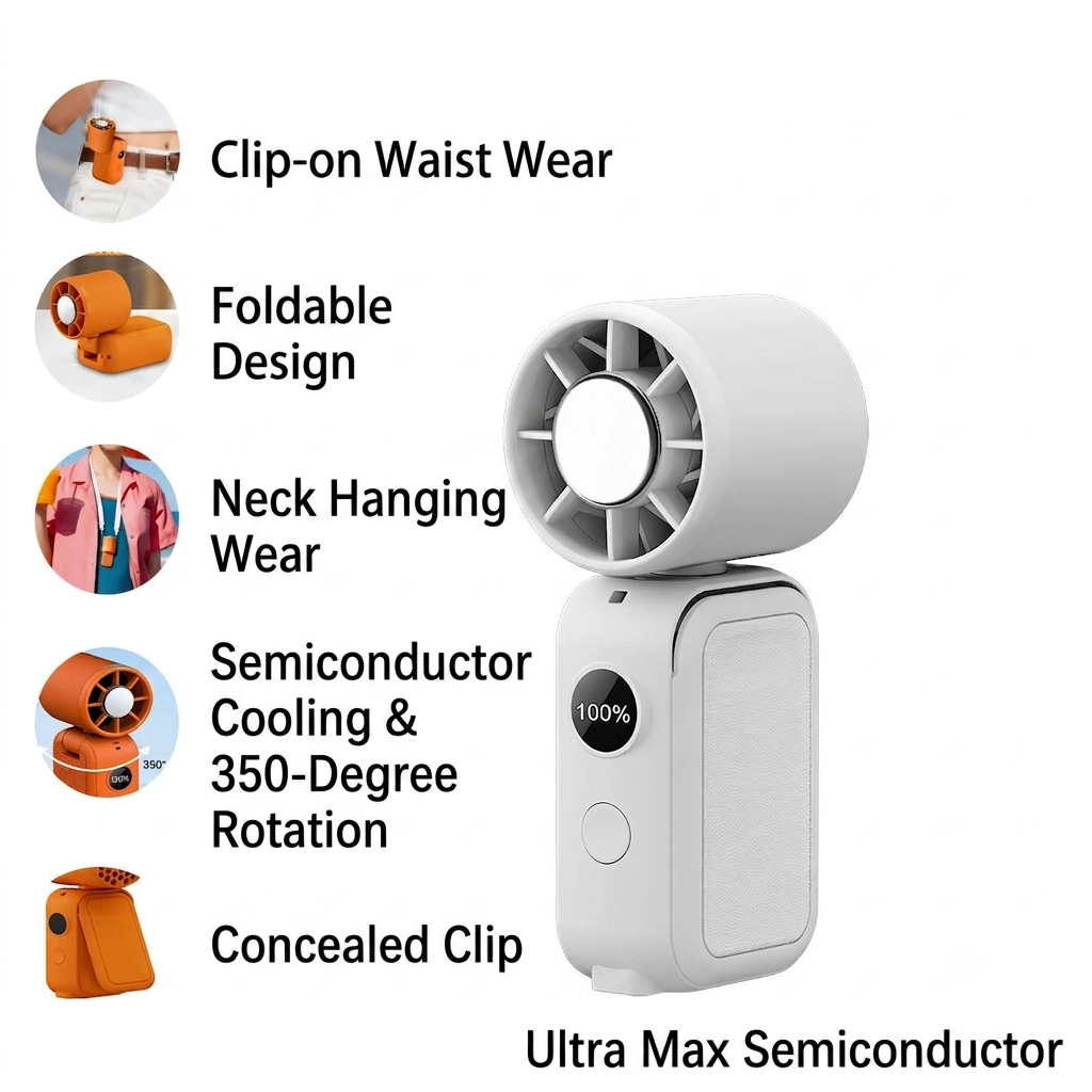 5-in-1 Portable Cooling Fan – Wearable, Rechargeable, LED Display