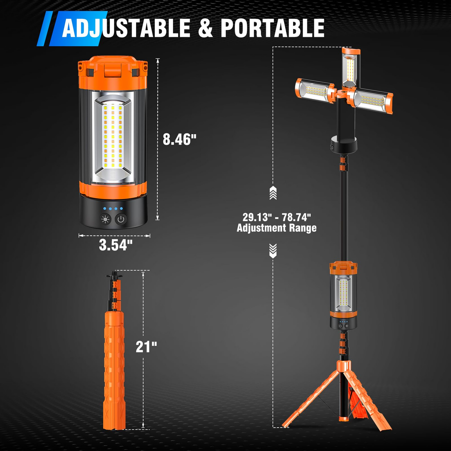 10000&12000mAh Rechargeable LED Work Light with Tripod Stand – 3 Adjustable Lamp Heads, Power Bank Function 💡🔋