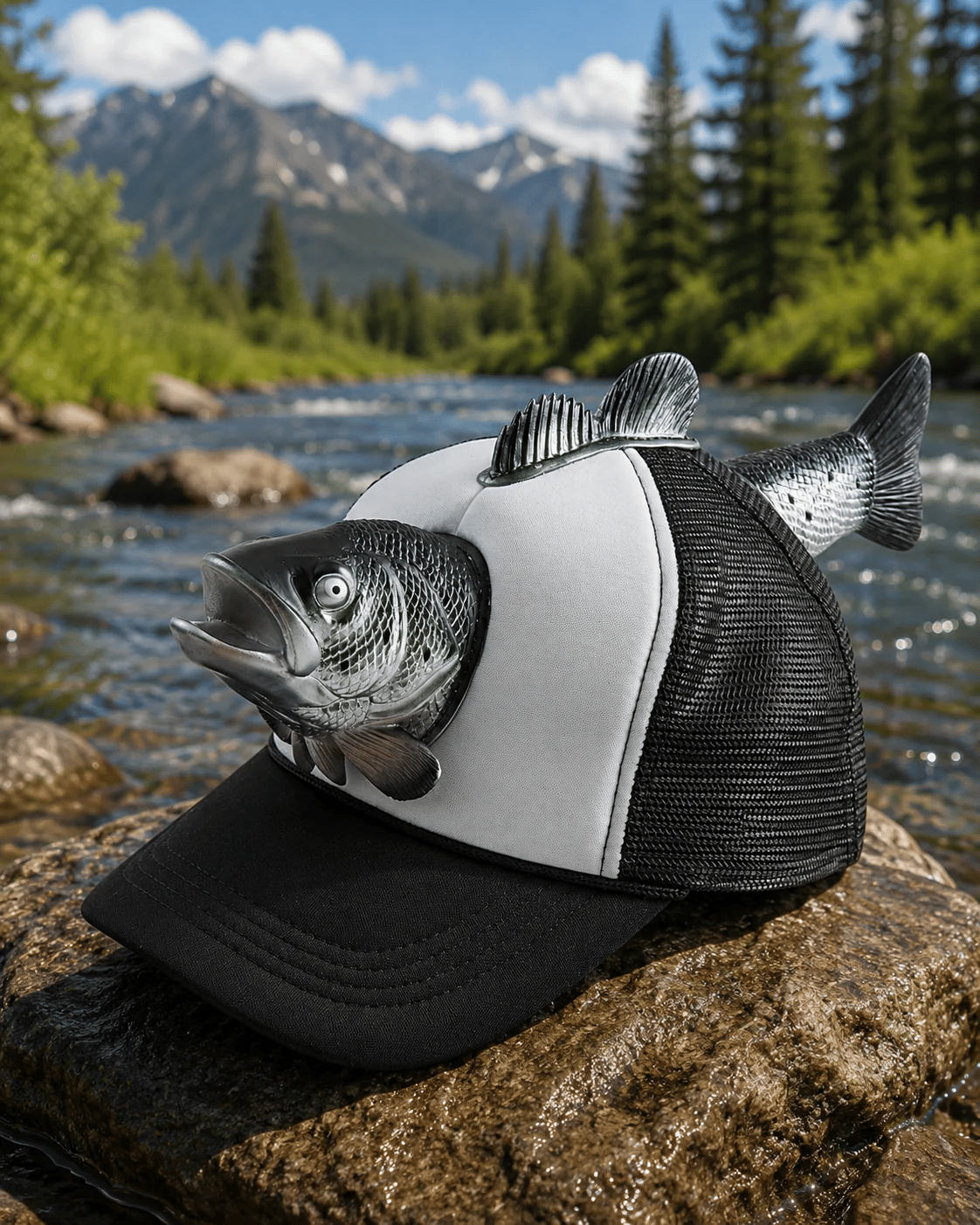 3D Fish Trucker Hat – Realistic Bass Head, Breathable Mesh, Funny Fishing Gift 🧢🐟