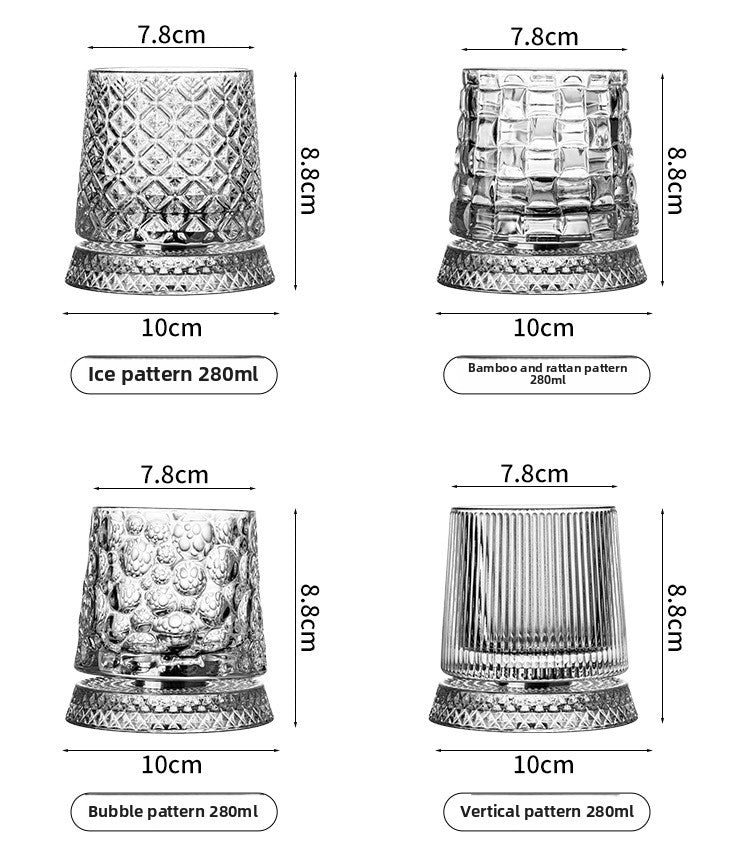 Rotating Whiskey Glass – 360° Spinner, Crystal Clear, 6 Patterns 🥃🌀