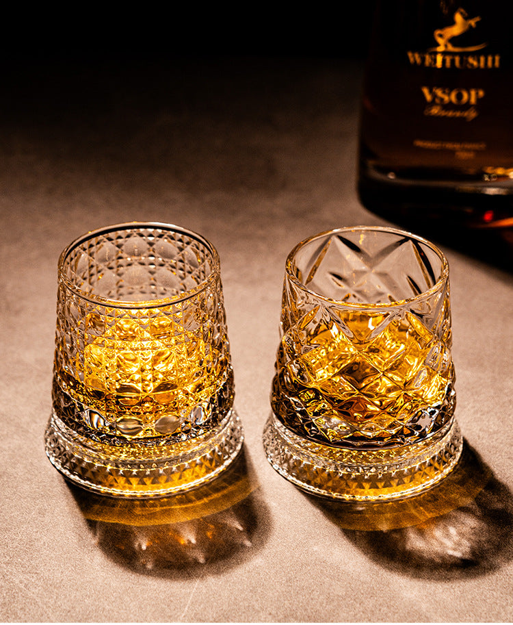 Rotating Whiskey Glass – 360° Spinner, Crystal Clear, 6 Patterns 🥃🌀