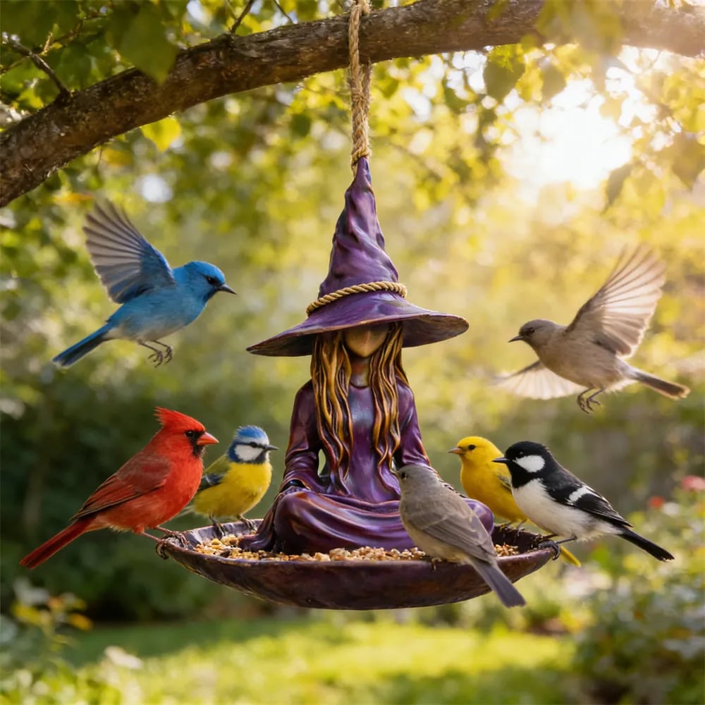 Meditating Witch Bird Feeder – Hand-Painted Resin, Jute Rope, Garden Art 🧙🐦