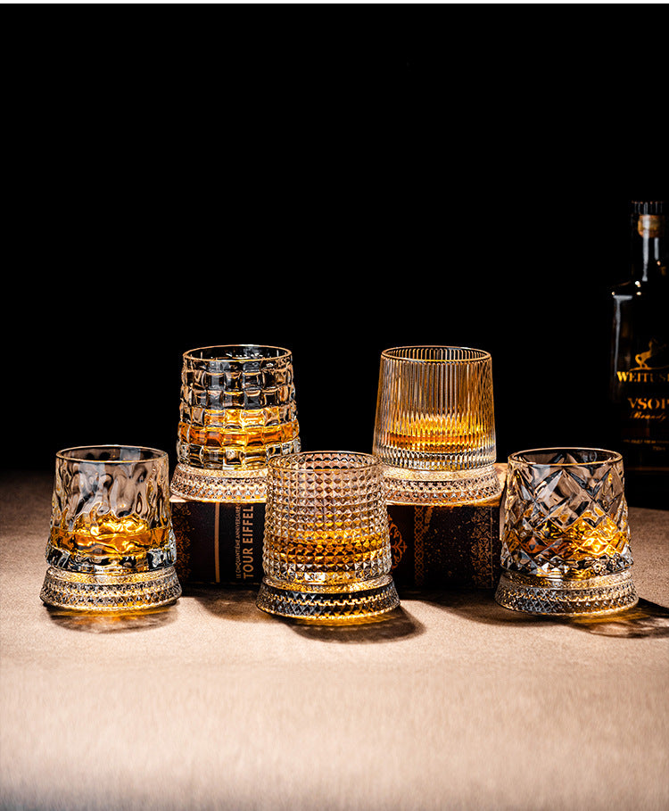 Rotating Whiskey Glass – 360° Spinner, Crystal Clear, 6 Patterns 🥃🌀