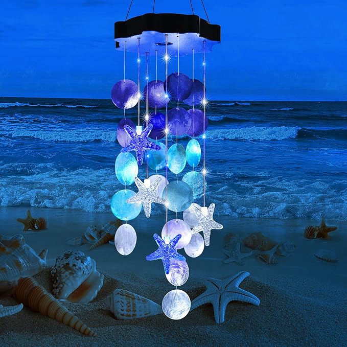 Solar Seashell Wind Chime – Natural Shells, 2 Lighting Modes, Gift-Ready 🐚☀️