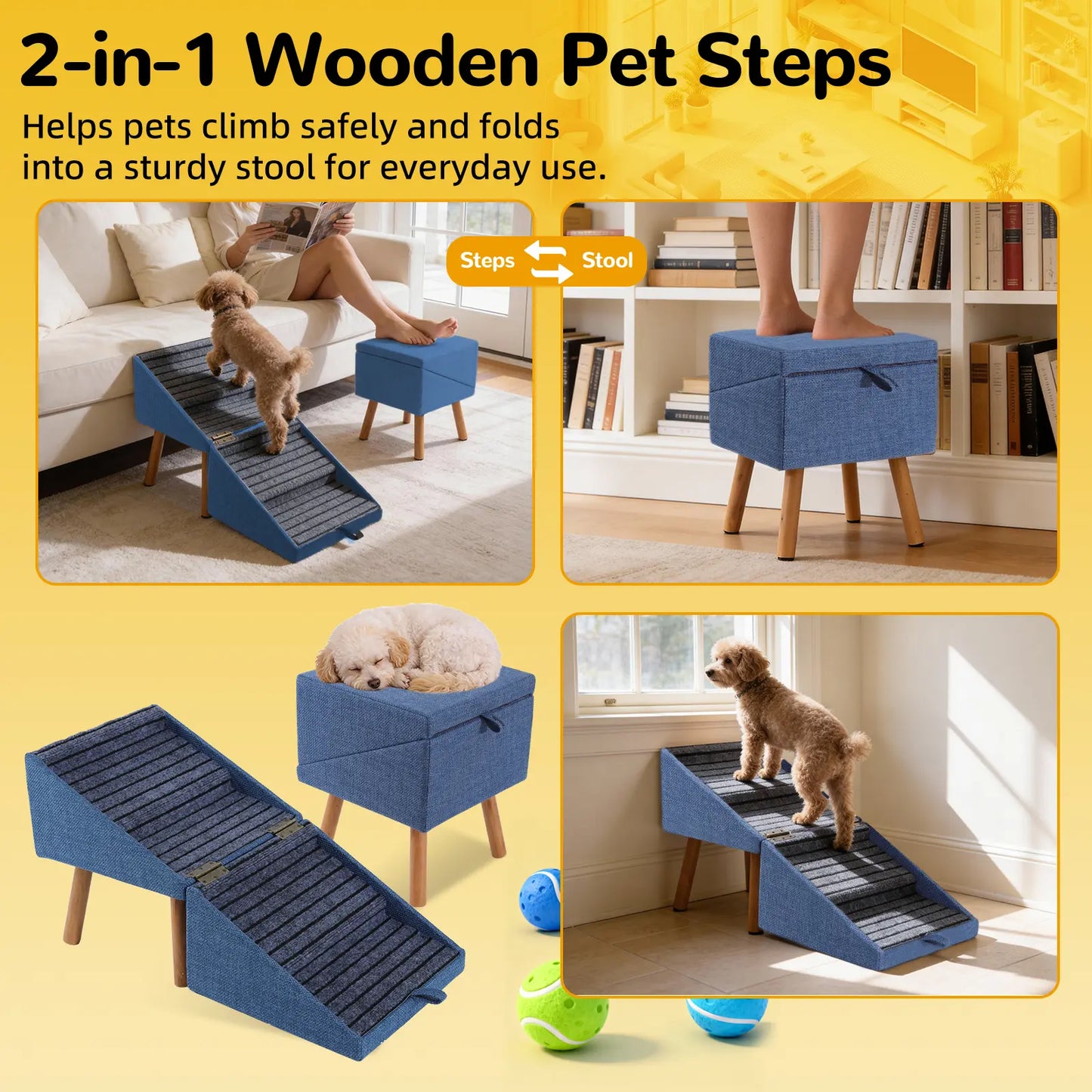 17" Dog Stairs Ramp – 2-in-1 Foldable Wooden Pet Steps & Ottoman for Couch and Bed 🐕🪑🌿