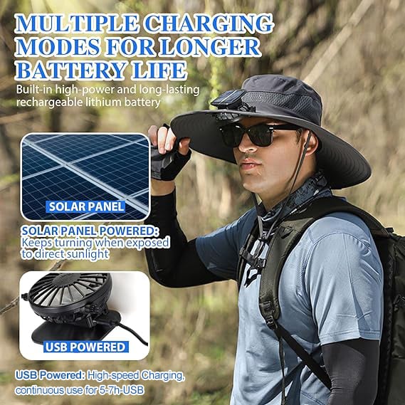 Solar Fan Hat – Wide Brim, Dual Power, Adjustable Speed, UPF Protection ☀️🧢