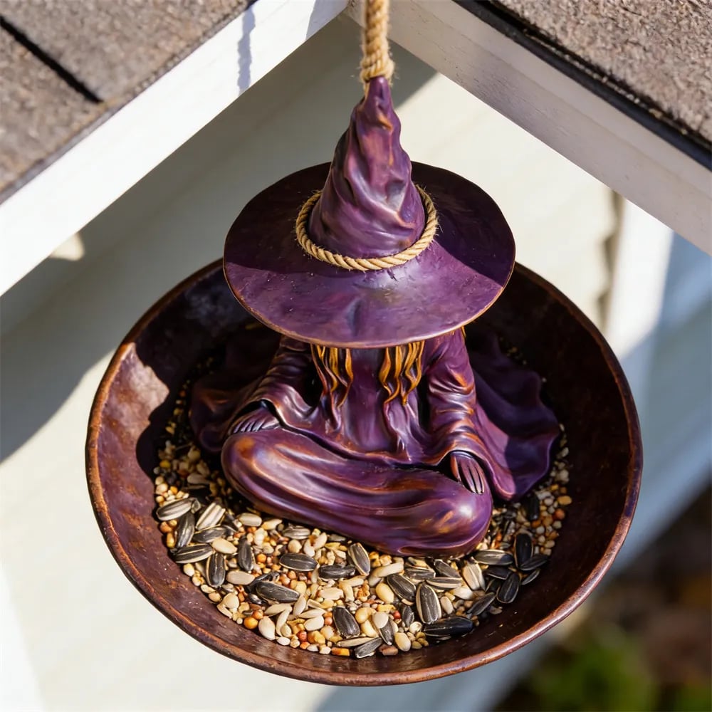 Meditating Witch Bird Feeder – Hand-Painted Resin, Jute Rope, Garden Art 🧙🐦