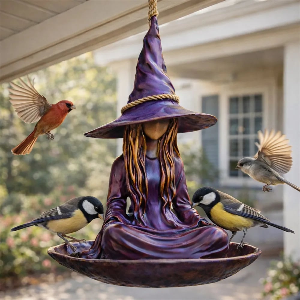 Meditating Witch Bird Feeder – Hand-Painted Resin, Jute Rope, Garden Art 🧙🐦