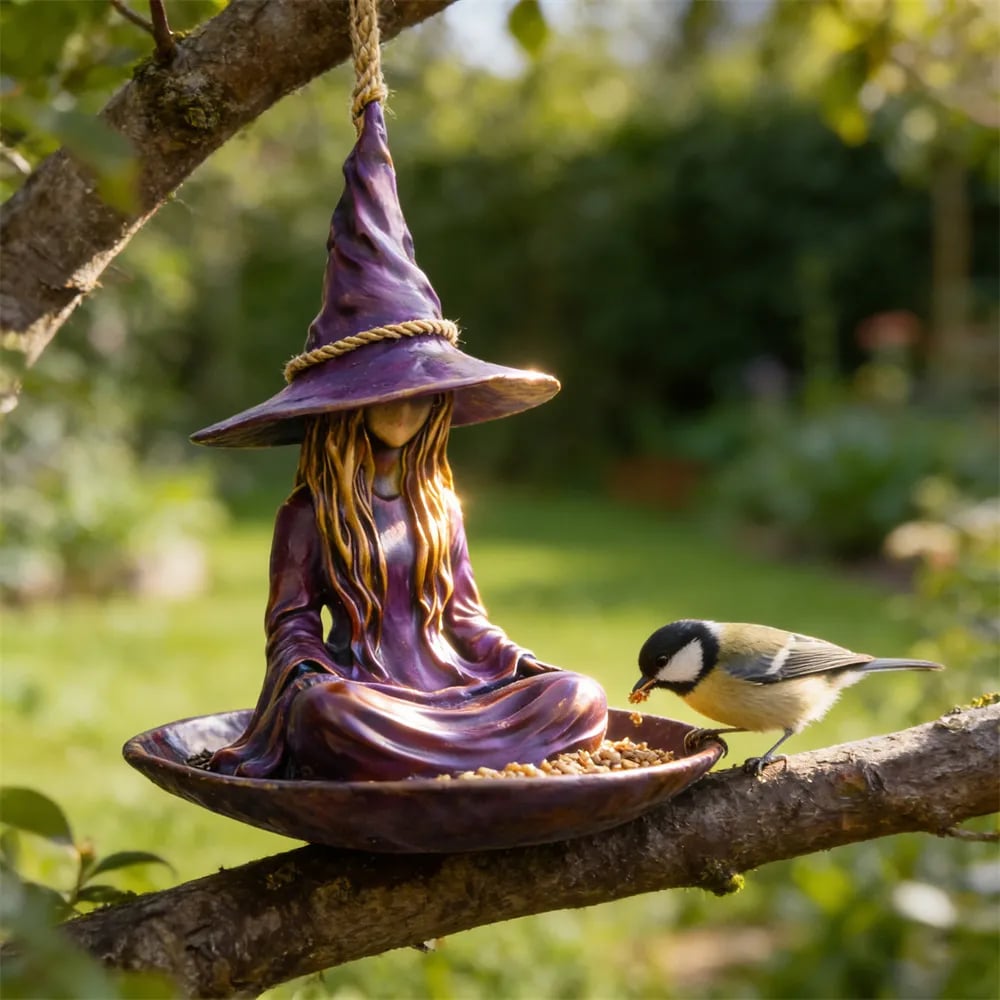 Meditating Witch Bird Feeder – Hand-Painted Resin, Jute Rope, Garden Art 🧙🐦