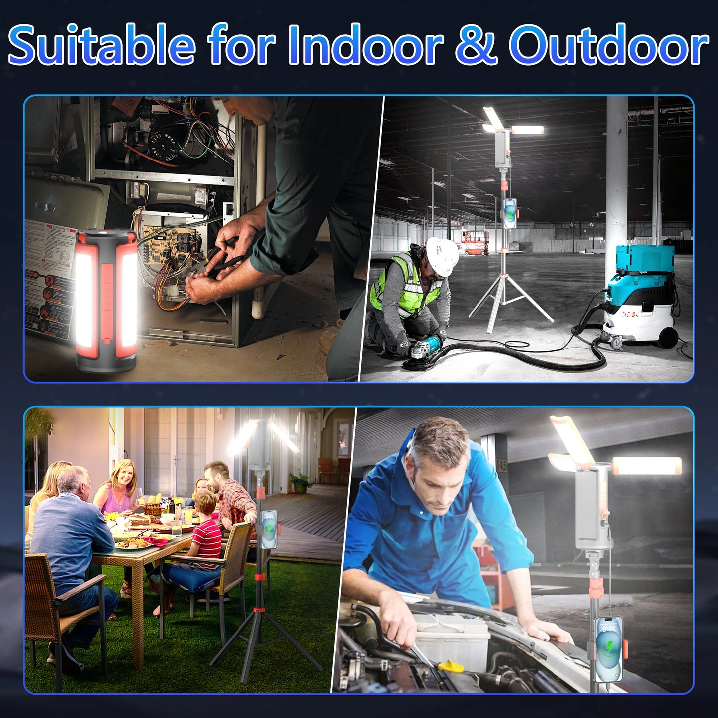 10000&12000mAh Rechargeable LED Work Light with Tripod Stand – 3 Adjustable Lamp Heads, Power Bank Function 💡🔋