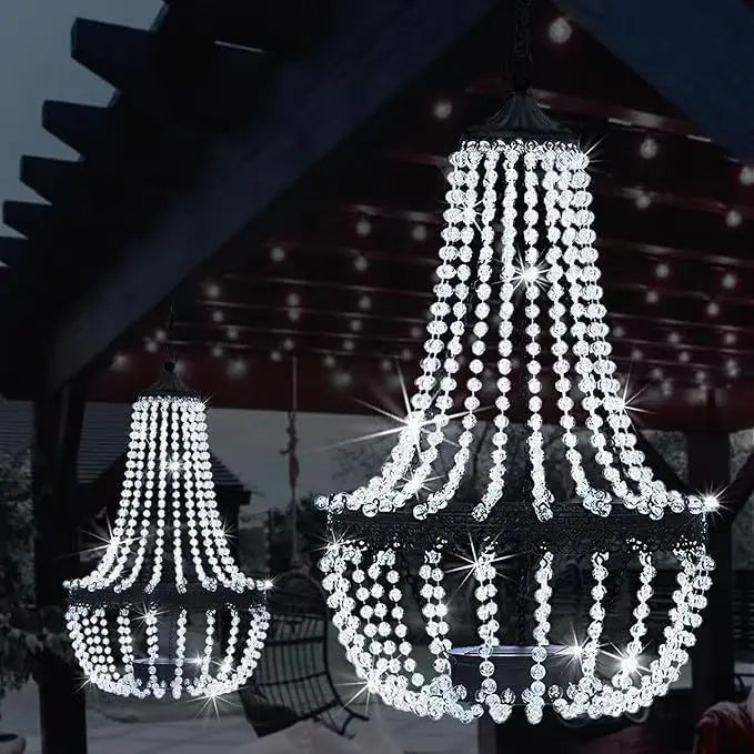28" Hanging Solar Chandelier – Clear Crystal Acrylic, 30 Warm White LED Lights 💡✨