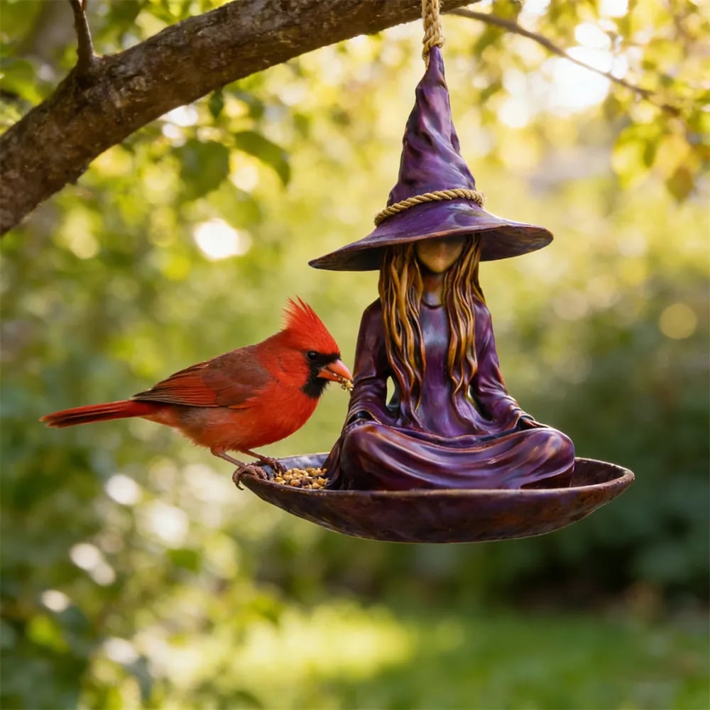 Meditating Witch Bird Feeder – Hand-Painted Resin, Jute Rope, Garden Art 🧙🐦