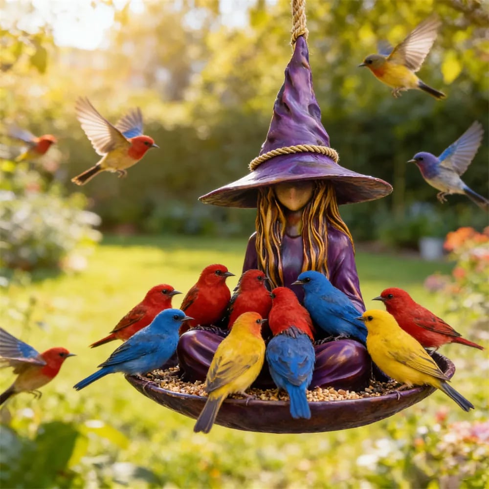 Meditating Witch Bird Feeder – Hand-Painted Resin, Jute Rope, Garden Art 🧙🐦