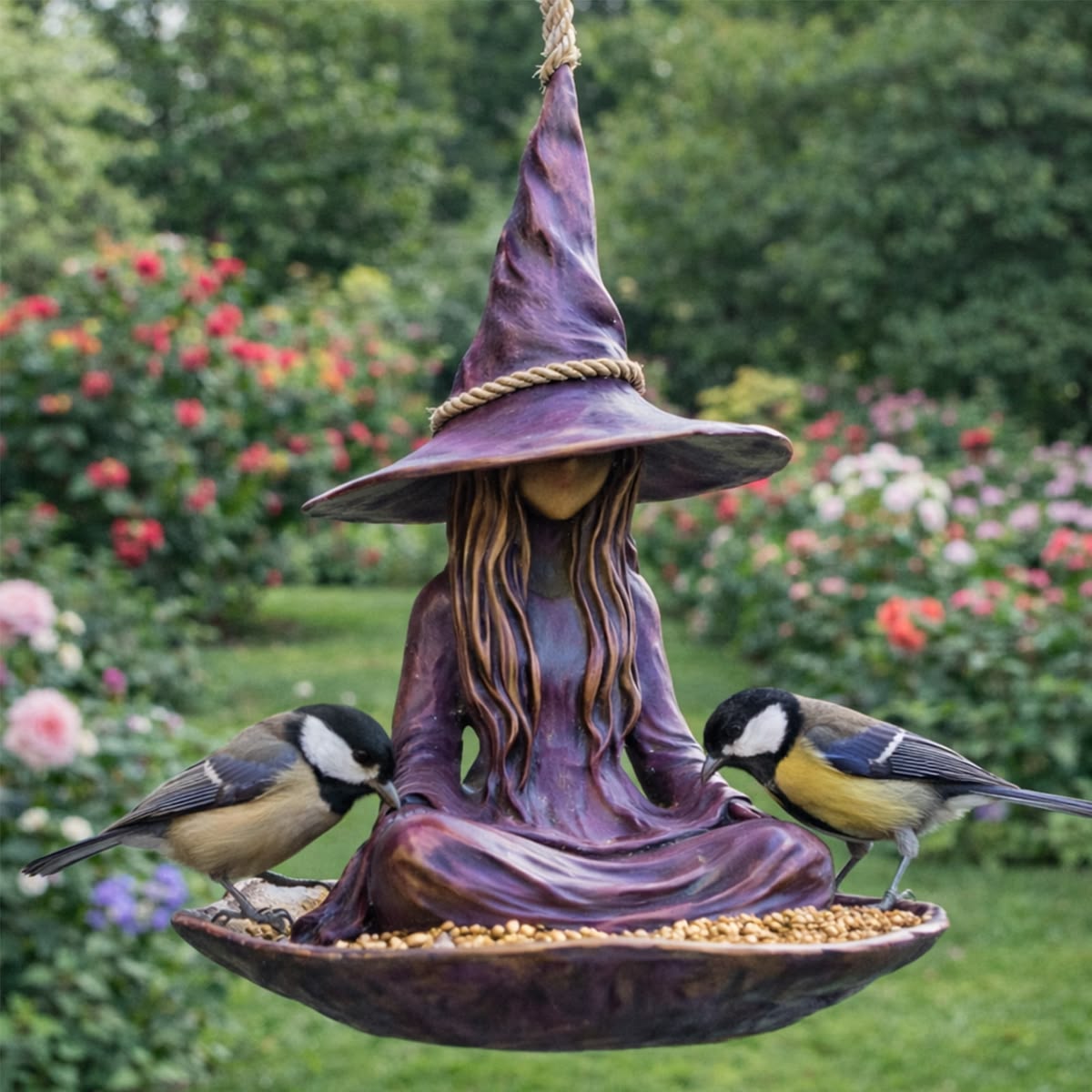 Meditating Witch Bird Feeder – Hand-Painted Resin, Jute Rope, Garden Art 🧙🐦