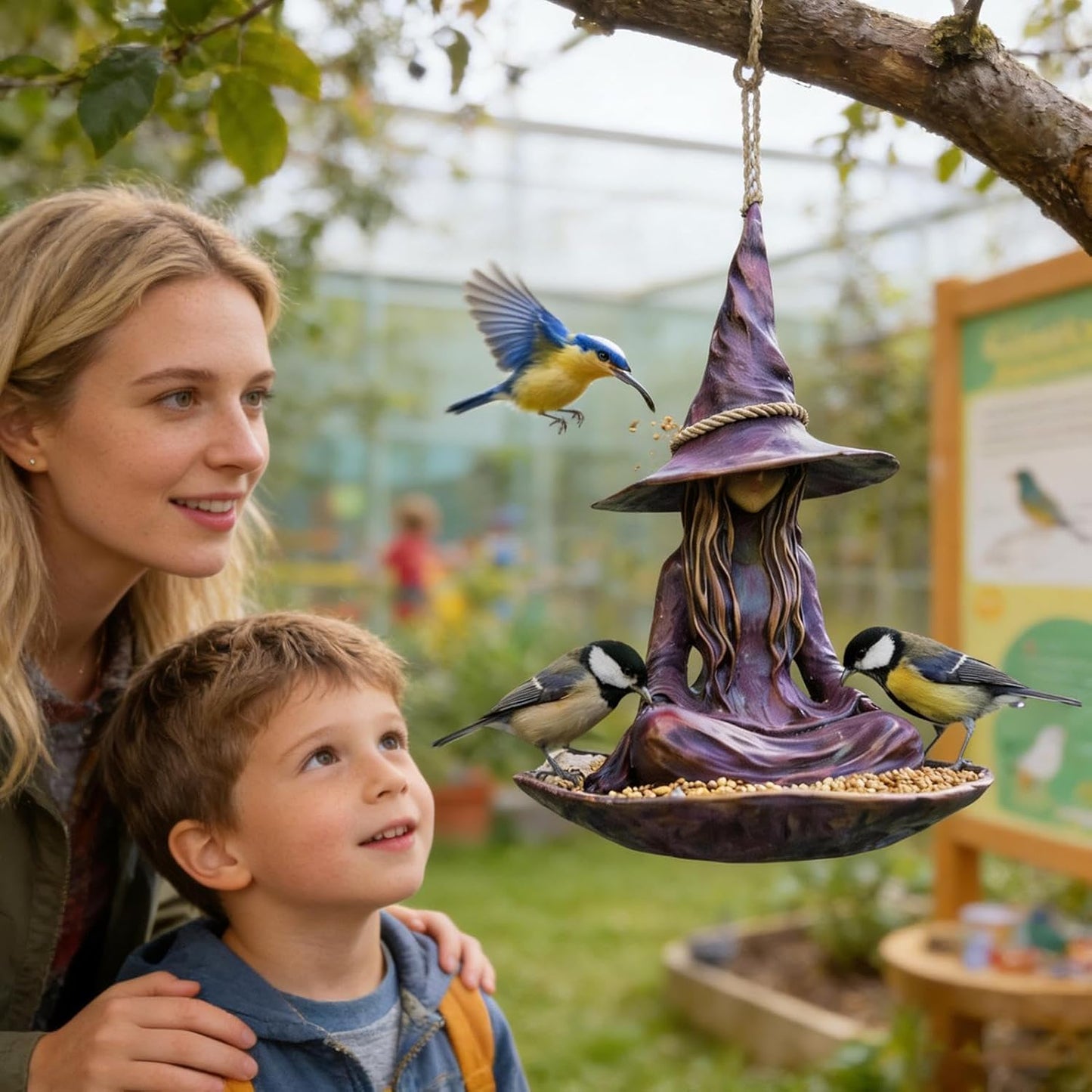 Meditating Witch Bird Feeder – Hand-Painted Resin, Jute Rope, Garden Art 🧙🐦