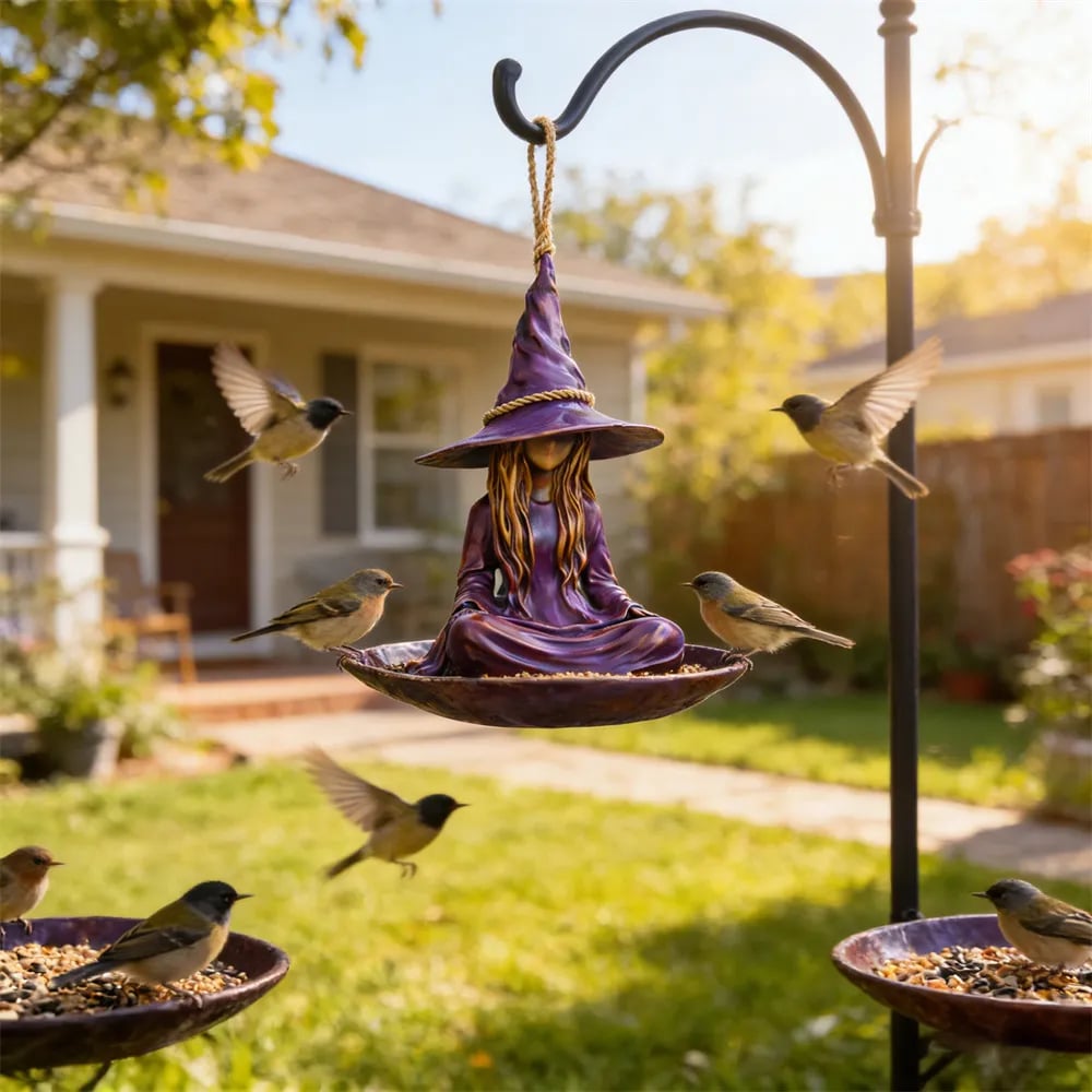 Meditating Witch Bird Feeder – Hand-Painted Resin, Jute Rope, Garden Art 🧙🐦