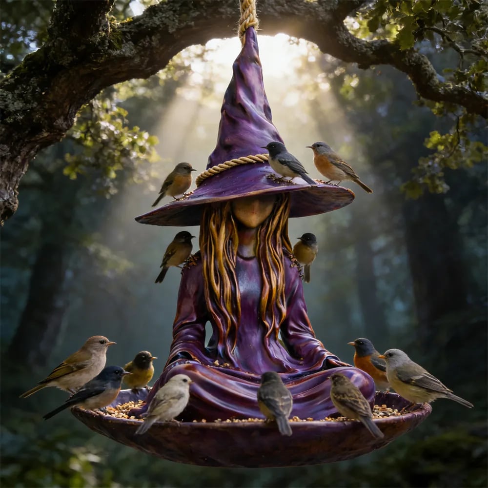 Meditating Witch Bird Feeder – Hand-Painted Resin, Jute Rope, Garden Art 🧙🐦