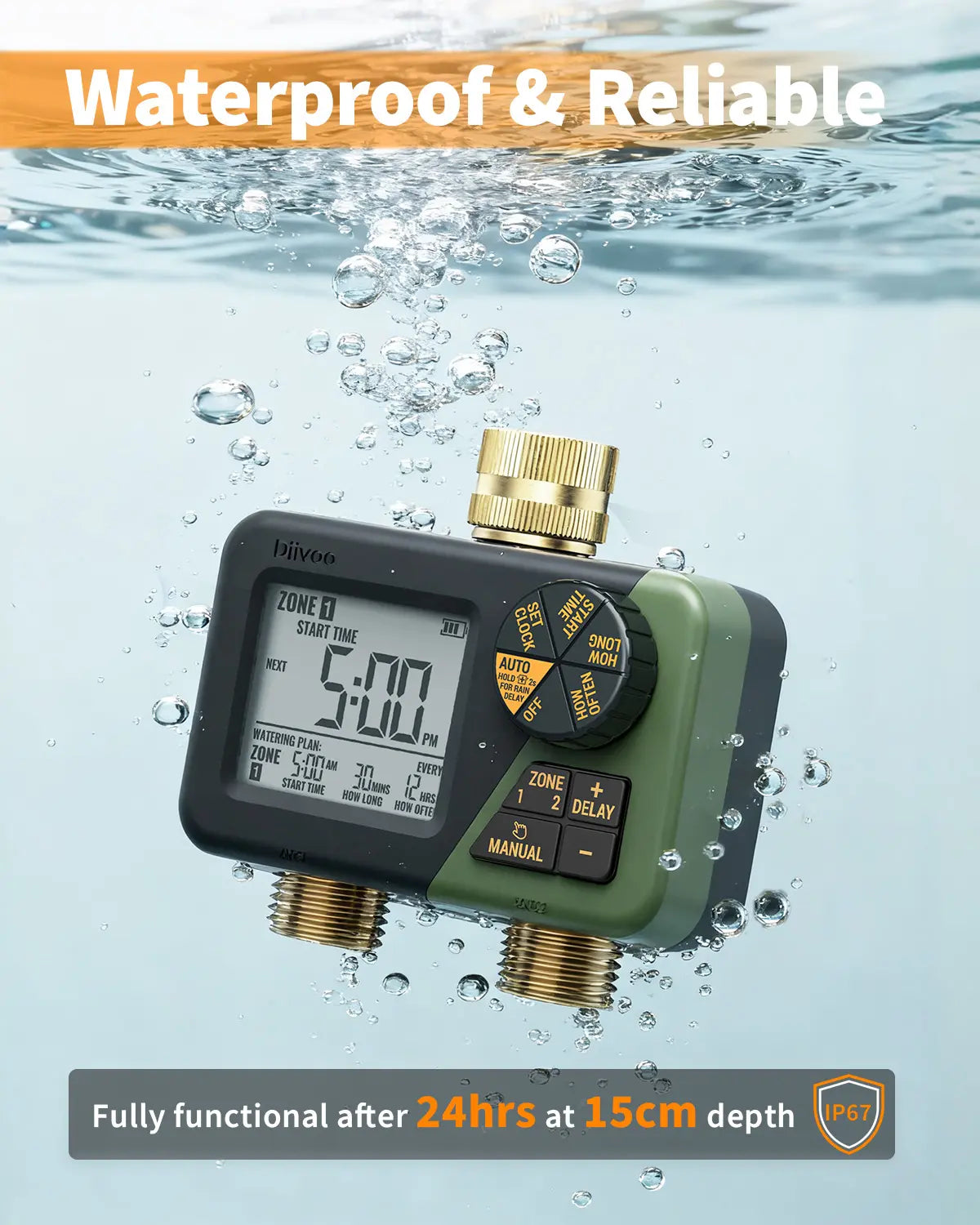 2-Zone Programmable Sprinkler Timer – Brass Build, IP67 Waterproof, Large Display 💧⏱️