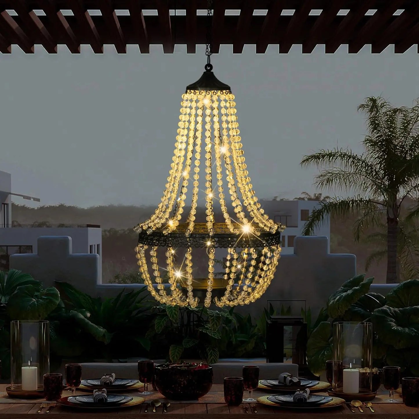 28" Hanging Solar Chandelier – Clear Crystal Acrylic, 30 Warm White LED Lights 💡✨