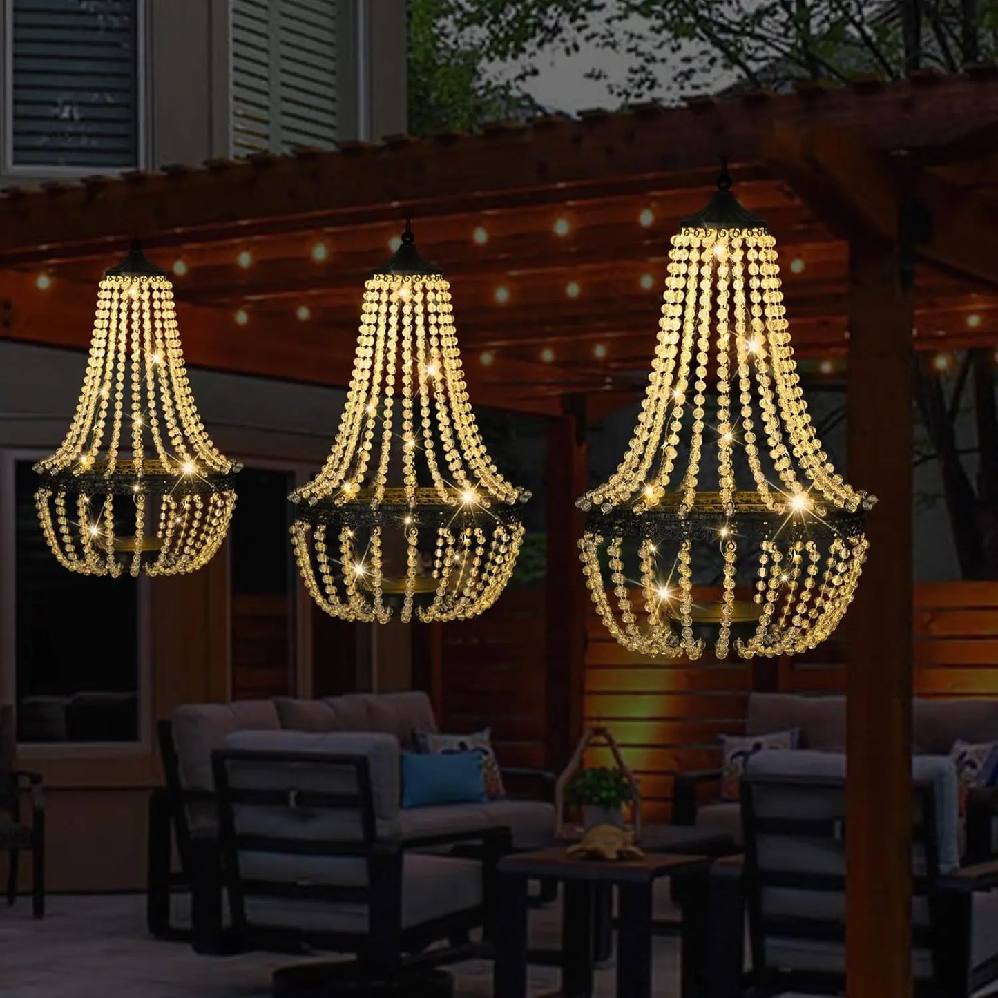 28" Hanging Solar Chandelier – Clear Crystal Acrylic, 30 Warm White LED Lights 💡✨