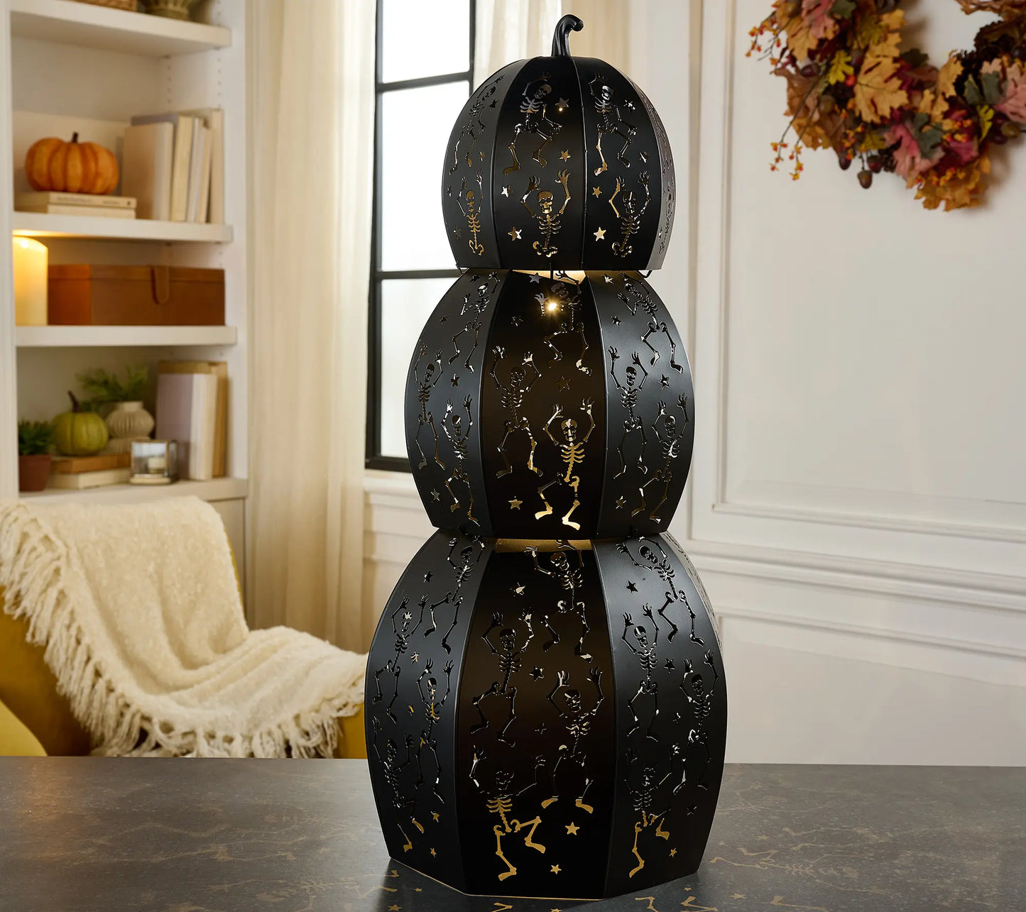 Set of 3 Lit Metal Stackable Pumpkins – LED Glow, Timer Function 🎃✨