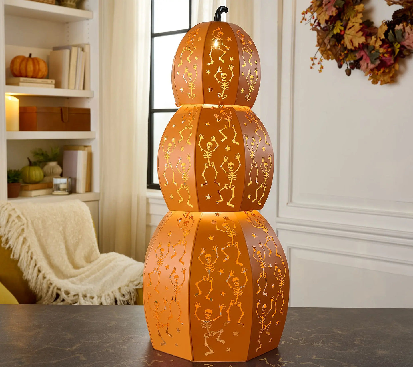 Set of 3 Lit Metal Stackable Pumpkins – LED Glow, Timer Function 🎃✨