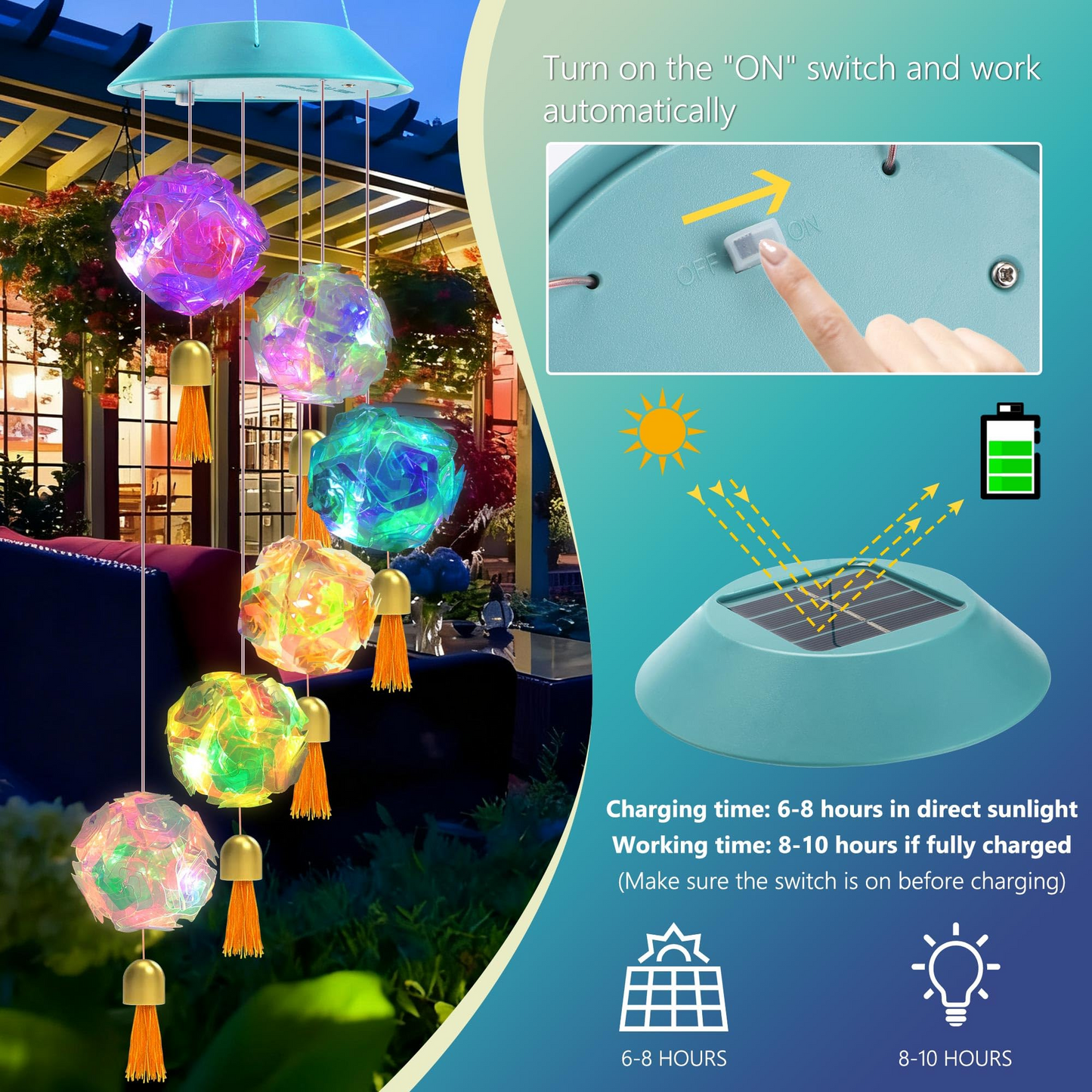 Solar Hydrangea Ball Wind Chime – 7 Color Changing Lights, IP65 Waterproof 🌸🔮