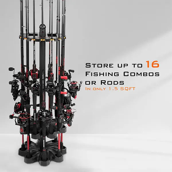 V16 Fishing Rod Rack – 360° Rotating, Holds 16 Rods, No Tools Assembly 🎣🔄